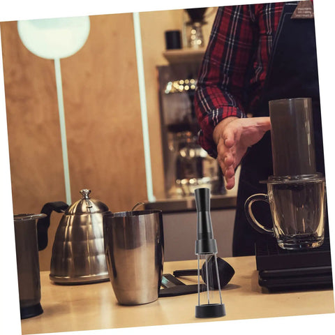 Game Changer 3 Piece Espresso Coffee Powder Stirrer Set Heavy Duty Stainless Steel Wands on a coffee bar countertop.