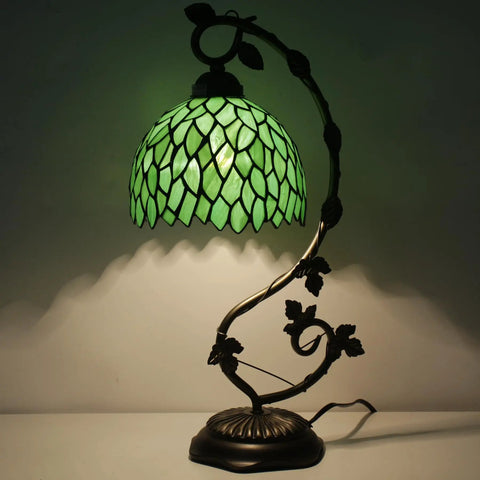 Green Tiffany Style Stained Glass Desk Lamp With Wisteria Pattern, 21 Inch Tall Table Light, Metal Leaf Base In Bronze Finish, S523 Series