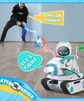 Person controlling Rugged RC Battle Tank With LED Lights And 2.4GHz Remote, Crawler Style Car Toy For Eilik Units, Blue Pink DQ Silver Edition.