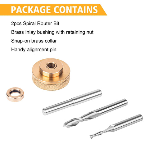 SpeTool router inlay kit with brass bushings, retaining nut, snap-on collar, alignment pin, and three carbide bits.