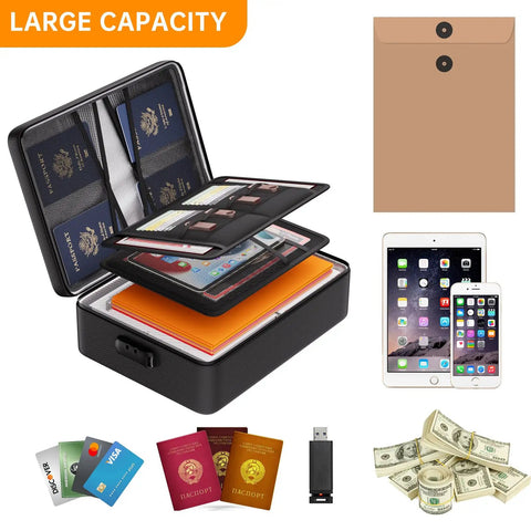 5200F Fireproof And Water Resistant Document Organizer With Lock Eight Layer Heat Insulated Safe Box containing documents and devices