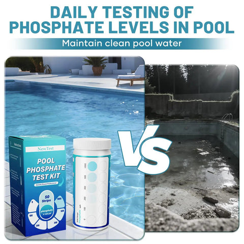 Pro Grade Pool Phosphate Test Strips 50 Count for Hot Tub and Spa Water Chemistry Testing beside clean and dirty pools.