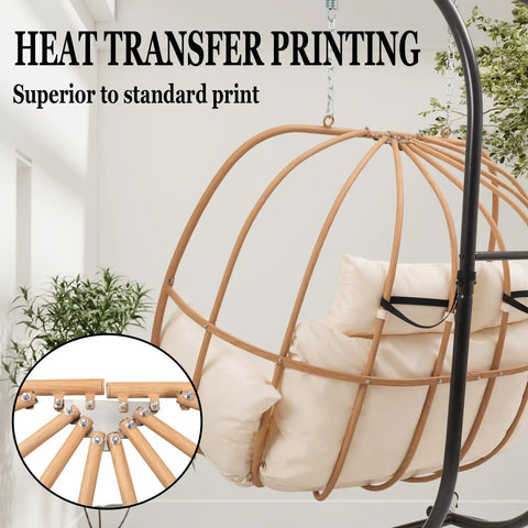 Close-up of Oversized Two Person Egg Swing Chair With Stand Cozy Cushions Beige Outdoor Indoor Swing Chair showing frame detail