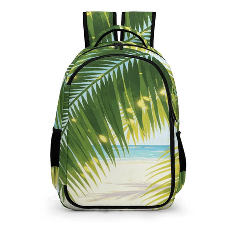 Sunlit Seaside Botanical Print Unisex Backpack Large Capacity Durable Polyester Daypack with tropical leaf design.