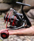 Person holding Red 7000 Spinning Fishing Reel With Ultra Smooth Action 12 Ball Bearings Instant Anti Reverse Beefy Power