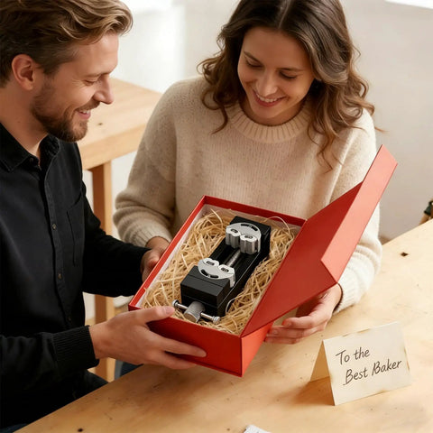 Couple opening gift box containing Mini Smart Fractal Drill Press Vise With Dual Jaw Design For Any Shape