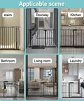 Scenes showing the Extra Wide Walk Through Baby Gate For Stairs Doorways And Kitchen 62.19 To 66.92 Inches Adjustable Pressure Mounted Auto Close Black Metal Safety Gate For Toddlers Kids Dogs And Pets