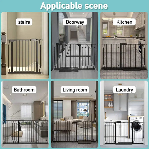 Scenes showing the Extra Wide Walk Through Baby Gate For Stairs Doorways And Kitchen 62.19 To 66.92 Inches Adjustable Pressure Mounted Auto Close Black Metal Safety Gate For Toddlers Kids Dogs And Pets