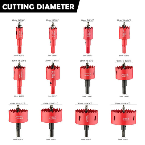Bi Metal Hole Saw Kit 12 Piece Set With Drill Bits For Thin Metal And Wood Carbide Teeth displayed by cutting diameters