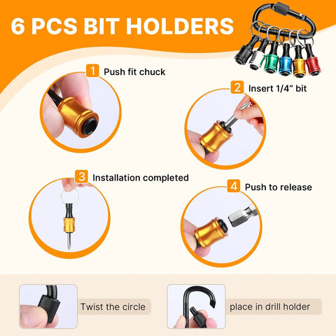 Infographic showing 24 Pieces One Quarter Inch Hex Shank Drill Bit Holder Keychain Grab And Go Extension Bar Quick Release usage steps