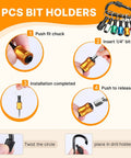 Eighteen Piece One Quarter Inch Hex Shank Drill Bit Holder Keychain showing multi-color bit holders and usage steps