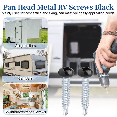 Top Shelf Pan Head Self Tapping Screws For Rv Campers And Pickup Trucks Number Eight Size One Inch Long Black Finish Alloy Steel Kit Comes With 100 Pieces Built Tough And Rust Free, showing installation in RV and trailers.