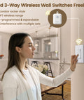 Woman using Dope Three Way Wireless Light Switch Kit With Remote Receiver No Wiring Needed, 15A RF Wall Switch, in living room