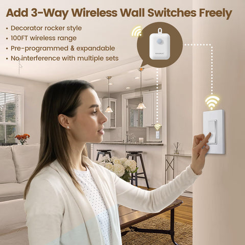 Woman using Dope Three Way Wireless Light Switch Kit With Remote Receiver No Wiring Needed, 15A RF Wall Switch, in living room