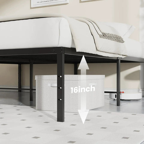 Sleek Queen Platform Bed Frame, 16 Inch High Heavy Duty Sleep Base with 16 inches of under-bed storage and a black steel frame.