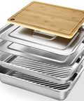 Stacked 5-In-1 Grill Prep Tray And Carry System for Outdoor Barbecues with Stainless Steel trays and bamboo cutting board.