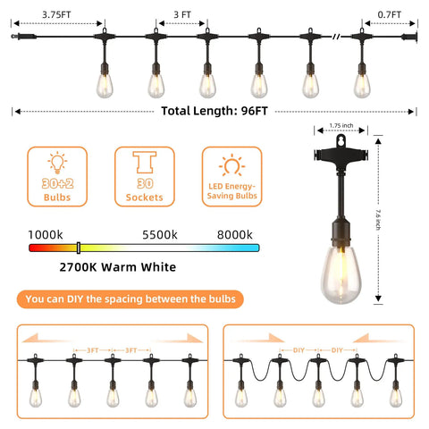 Outdoor LED String Lights 240ft Total Connectable Dimmable IP65 Waterproof For Patio Bistro Cafe Porch Party Vibe With S14 Edison Bulbs And E26 Sockets Shatterproof Vintage Bulbs Two Pack 120ft Each diagram showing bulb spacing and features.