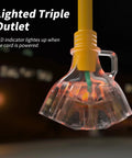 One Foot 12 Gauge 3 Wire Outdoor Extension Cord with Three Outlets and Light Indicator, weatherproof yellow cable close-up
