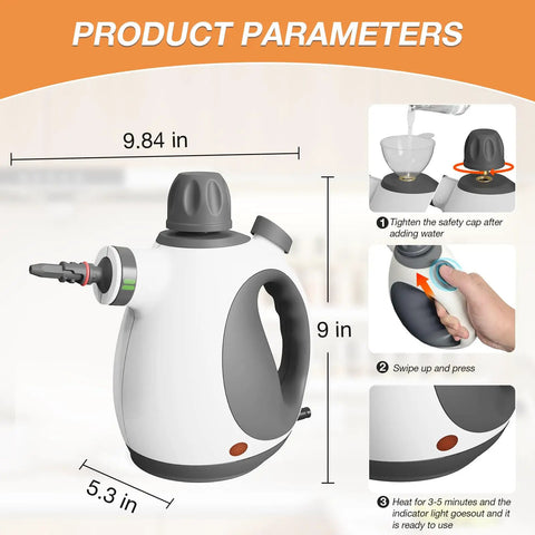 Straight Up Supercharge Handheld Steam Cleaner With Bonus Attachments, High Pressure Hot Vapor Gun dimensions and features illustration.