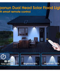 JUDYSSY 200W Solar Spotlight Flood Light Bright Outdoor Remote Control Solar Led Street Light Floodlight Panel in use at night.