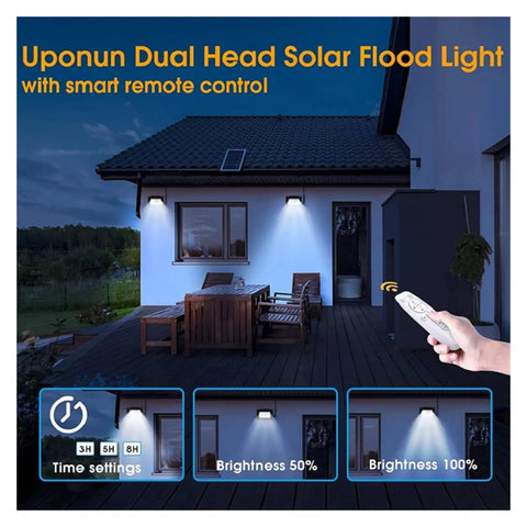 JUDYSSY 200W Solar Spotlight Flood Light Bright Outdoor Remote Control Solar Led Street Light Floodlight Panel in use at night.