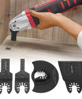 Ultimate 20-Piece Oscillating Saw Blade Set For Wood And Plastic Heavy-Duty High Carbon Steel Blades in use with multitool
