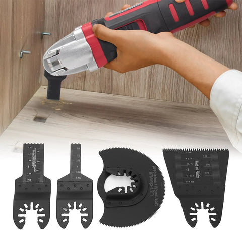 Ultimate 20-Piece Oscillating Saw Blade Set For Wood And Plastic Heavy-Duty High Carbon Steel Blades in use with multitool