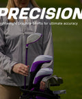 Woman holding M5 Women's Golf Clubs Set For Right Hand Players with bag, headcovers, and purple graphite shafts on green.