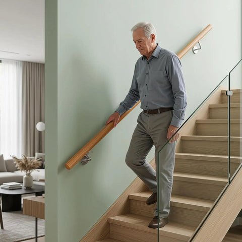 Heavy Duty Beech Wood Stair Handrail 100 Cm Super Grippy Round Safety Grab Bar used by man descending stairs.