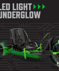 Green Machine 20 Inch Drift Trike for Kids 8 and Up with LED light accents, black adjustable seat, and durable steel frame.