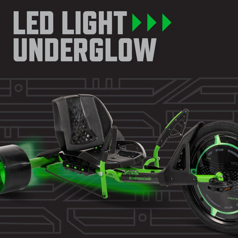 Green Machine 20 Inch Drift Trike for Kids 8 and Up with LED light accents, black adjustable seat, and durable steel frame.