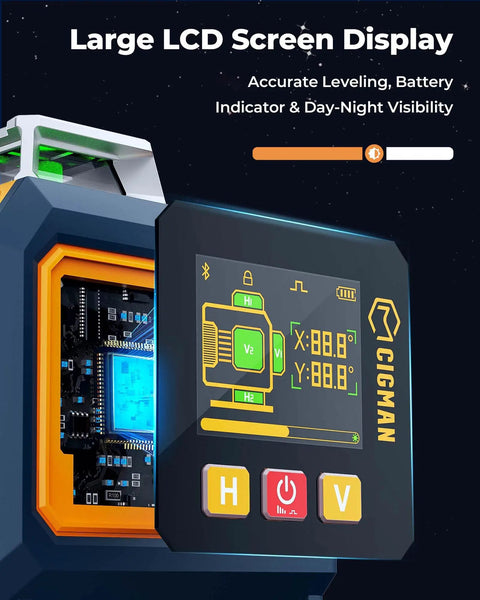 Close-up of Green Laser Level Pro Grade With 16 Lines And 4x360 Degree Planes Self Leveling Cross Line Projector Side LCD