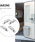 Stainless Steel Boat Door Latches Four Pack For RVs And Closets Marine Cabinet Hardware shown beside RV door installation.