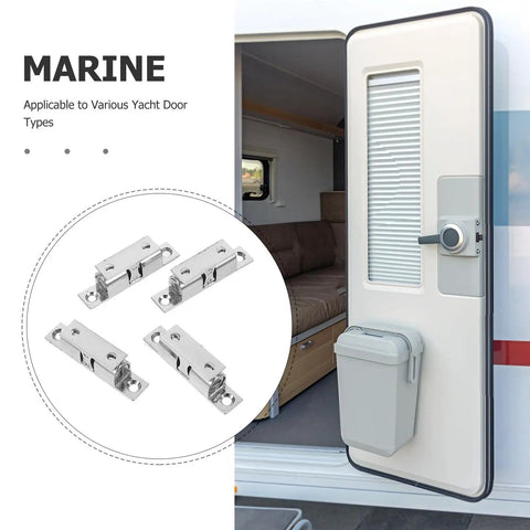 Stainless Steel Boat Door Latches Four Pack For RVs And Closets Marine Cabinet Hardware shown beside RV door installation.