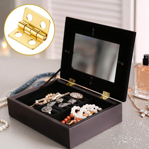 Gold Mini Hinges Set 30 Piece Tiny 13x12mm Brass Butt Hinges With 180 Degree Rotation for jewelry box lid with mirror and compartments.