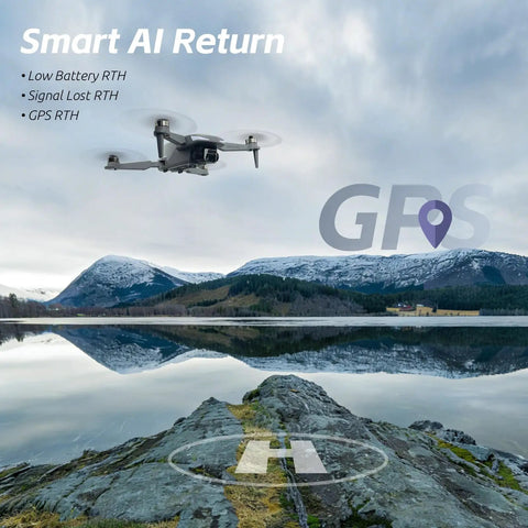 GPS Drone With 4K EIS Camera And 4.5 Inch HD Controller flying over scenic landscape with mountains and lake, showcasing GPS return feature.