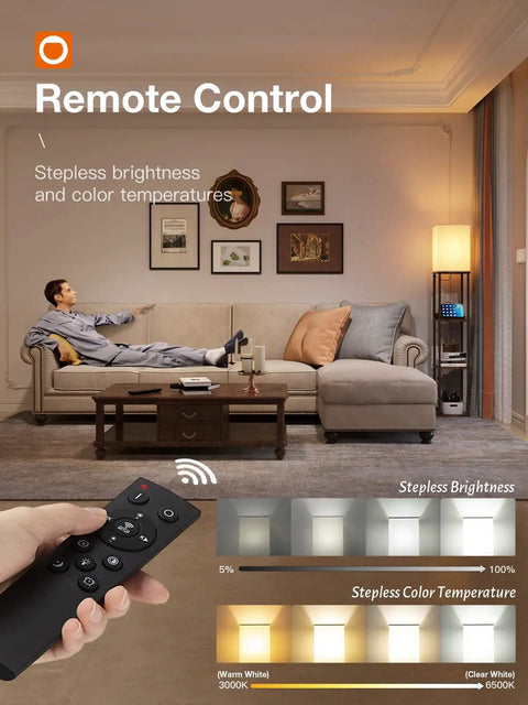 Living room with Shelf Floor Lamp With 2 USB Ports And Power Outlet, remote control LED bulb, brown finish, near sofa and artwork.