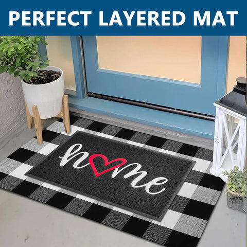 Heavy Duty Non Slip Door Mat For Indoor Outdoor Use 30 By 17.5 Inches displaying 'home' with a heart, on front porch