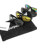 Slick And Tight Motorcycle Riding Glasses With Thick Silicone Padding For Knockout Windproof Dustproof Shield Rad UV400 Polycarbonate Lenses set with clear, smoke, and yellow lenses in a carry pouch.