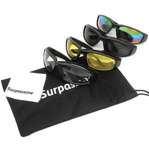 Slick And Tight Motorcycle Riding Glasses With Thick Silicone Padding For Knockout Windproof Dustproof Shield Rad UV400 Polycarbonate Lenses set with clear, smoke, and yellow lenses in a carry pouch.