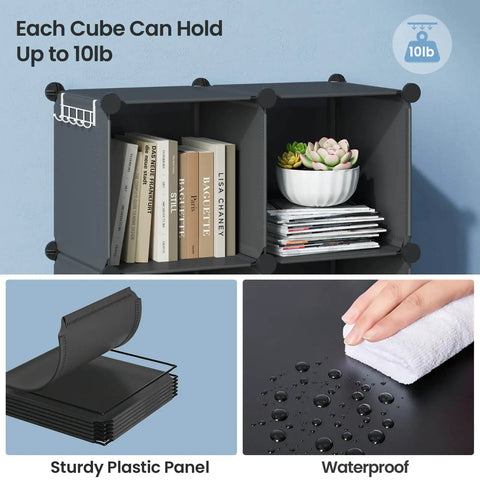 12 Cube Modular Closet Organizer with books and plant, features sturdy plastic panel and waterproof surface