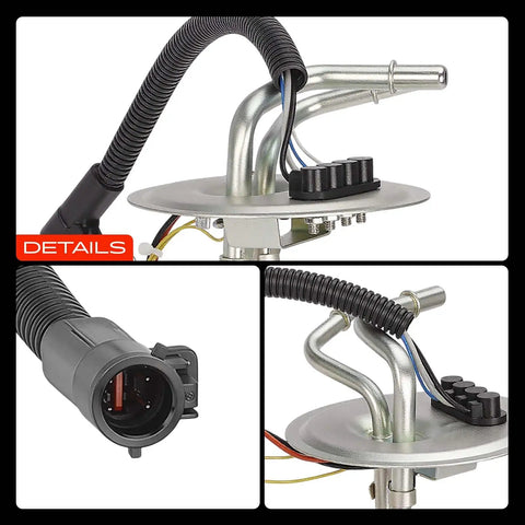 Close-up of Top Shelf Electric Fuel Pump Module Assembly Smooth Bolt On Design Fits Ford F 150 250 1990-1997, showing connectors and hoses.