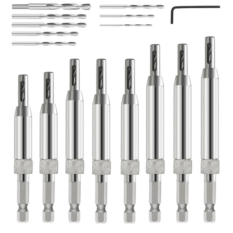 Pro Grade Self Centering Drill Bit Set 17 Pieces With One Quarter Inch Hex Shank, high-speed steel, sizes 5/64 to 1/4 inch