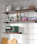 Straight Heavy Duty Black Floating Shelf Brackets Solid Stainless Steel Wall Mounted Supports used with kitchen shelving for storage.