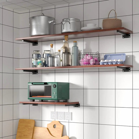 Straight Heavy Duty Black Floating Shelf Brackets Solid Stainless Steel Wall Mounted Supports used with kitchen shelving for storage.