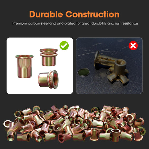 Rivet Nut Assortment Kit 240 Pcs Set With Metric Rivnuts and Threaded Inserts Includes M3 M4 M5 M6 M8 M10 M12 Flat Head Nutserts