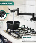 Wall Mount Pot Filler Faucet With Folding Double Arm Swing, 19 Inch Reach, Two Handles, Stainless Steel Matte Black above stove