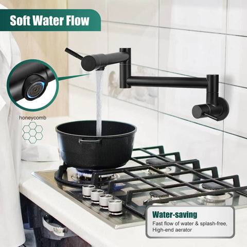 Wall Mount Pot Filler Faucet With Folding Double Arm Swing, 19 Inch Reach, Two Handles, Stainless Steel Matte Black above stove
