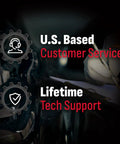 U.S. Based Customer Service and Lifetime Tech Support text on dark background with mechanical gear icons.