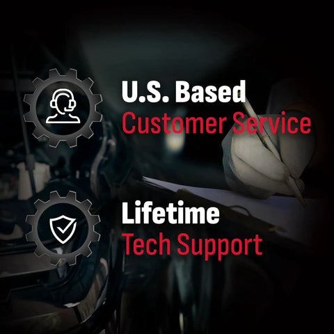 Text highlighting U.S. based customer service and lifetime tech support with icons of a headset and shield on a dark background.